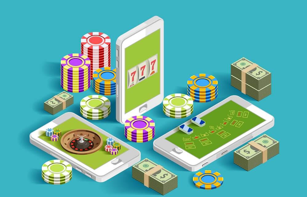 Casino isometric icons composition with chips bundles of banknotes and smartphone