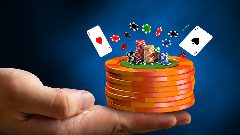 Casino chips on hand illustration background. 3D illustration