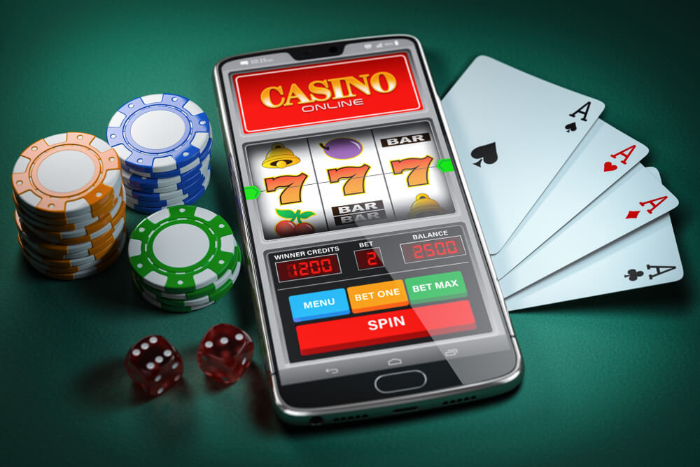 Slot machine on smartphone screen, cards, dice and poker chips. 3d illustration