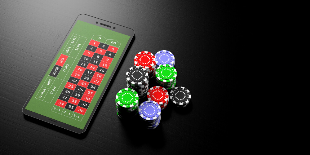 Smartphone and casino poker chips on a black background, banner, copy space. 3d illustration