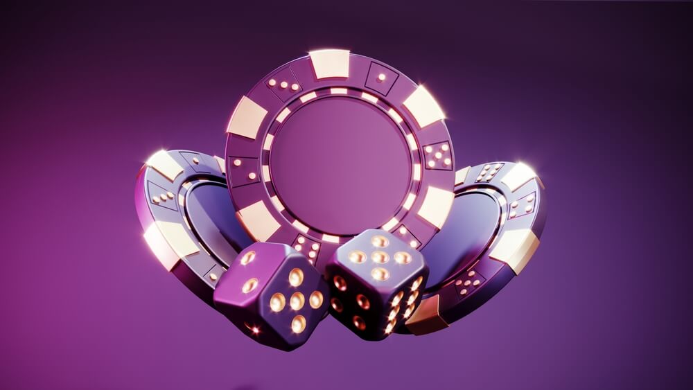 Casino chips and cubes on dark black background - 3d render